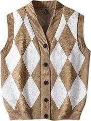 [Cambkatl] Men's Argyle Sweater Vest Button V Neck Fall Cardigan Casual Sleeveless Knitted Houndstooth Jumper Tops