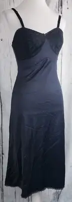 VTG Nancy King Lingerie Dress Full Slip Lace Nylon Adjustable 2181 Black Size 32