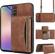 Phone Case For Samsung Galaxy S23 FE 5G Wallet Cover with Crossbody Shoulder Strap, PU Leather Credit Card Holder Pocket Slim Stand Cell Mobile Phone Flip Purse S 23 EF S23FE 23S Girls Women Brown