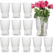Tlence 12 Pack Clear Plastic Flower Vases, 6.3" Ribbed Fluted Glass-Like Vase, Decorative Modern Ripple Hydroponic Plant Vase with Base for Table Centerpieces Home Decor Office Wedding Decoration