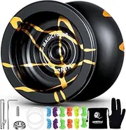 [MAGICYOYO] N11 Professional Unresponsive Yoyo N11 Alloy Aluminum YoYo Ball (Black with Golden) with Bag, Glove, 12 Yoyo Strings and Responsive Yoyo Bearing Kit for Dual Purpose Use