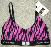 NWT Sz L Women's Calvin Klein Pink And Black Tiger Stripe Knit Bralette Bra