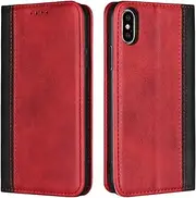 Cavor for iPhone X Case,iPhone Xs Case,Premium Leather Folio Flip Wallet Case Cover Magnetic Closure Book Design with Kickstand Feature & Card Slots(5.8")-Red