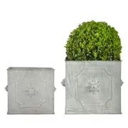 2pc Esschert Design Square Lion Flower Metal Pot Plant Planter Decor Grey