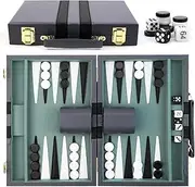 Backgammon Suitcase, with High-Quality Leather Case, Portable and Travel Backgammon Set (Blue/Grey)