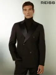 Reiss Brown Shadow Double-Breasted Tuxedo Jacket in Wool (E91963) | $670