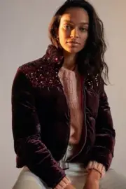 NWT Maeve By Anthropologie Vera Sequined Velvet Puffer Jacket Wine Size S