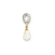 14K Yellow Gold Real Diamond and 8x6mm Egg FW Cultured Pearl Pendant