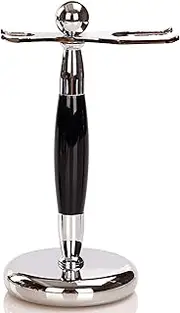 Deluxe Stainless Steel Shaving Brush Stand Holder for Razor & Brush Weighted Base Black Handle