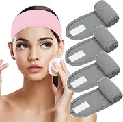 Spa Facial Headband Head Wrap Adjustable Terry Cloth Hair Band 4 Counts Stretch Towel for Washing Face, Skincare，Shower, Facial Mask Bath, Makeup and Sport (Gray 4 Pack)