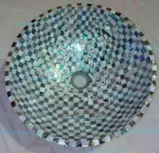 12'' Geometric Design Overlaid Counter Top Sink Round Shape Marble Wash Basin