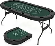 Giantex 8 Player Poker Table Foldable, 72" Portable Folding Texas Holdem Poker Tables w/Padded Rails, Cup Holders, Casino Grade Felt Surface, Oval Card Game Poker Table for Game Room (Black+Green)