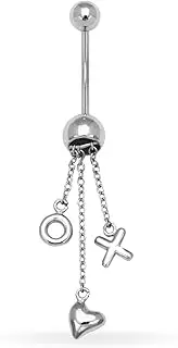 [Generic] 14ct White Gold 14 Gauge Dangling Star Religious Faith Cross and Circle Body Jewelry Belly Ring Measures 45x14mm Jewelry Gifts for Women