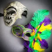 Silver Venetian Phantom Half-Face w/ Side Ostrich Flurry Feather Eye Couple Mask
