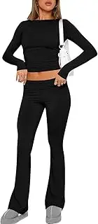 [ROFUSSO] Women’s Two Piece Set with Long Sleeve Crop Top and Flare Pants Yoga Tracksuit Lounge wear Outfit Comfortable Fold Over Waist Y2k Set