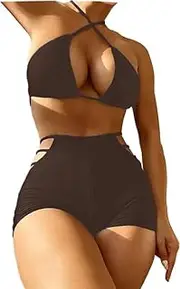[Generic] Women's Bikini Sets Two Piece Swimsuit High Waisted Straps Bathing Suit Sides Cutout Bikini Bottoms