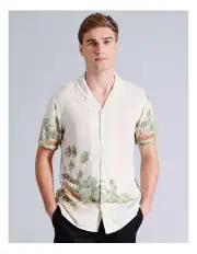 [Blaq] Ezra Abstract Print Short Sleeve Viscose Shirt in Natural