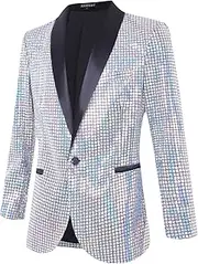 [Nawgut] Sequin Blazer Sparkle Suit Disco Prom Jacket Party Shiny Tuxedo Banquet Celebration Fashion Sport Coat for Mens Adult