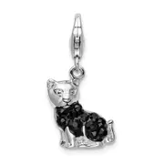 Sterling Silver Amore La Vita Rhodium-Plated Polished Enameled Swarovski Crystal Black Cat Charm With Fancy Lobster Clasp
