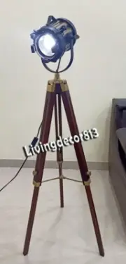 Nautical Designer Studio Floor Spot Light Lamp With Brown Wooden Tripod Stand