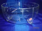 STUNNING RETRO BOHEMIA CRYSTAL HAND ETCHED FOOTED BOWL CZECHOSLOVAKIA