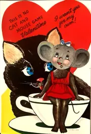 Cute & Vintage Die-cut Mechanical Valentine w / Cat & Mouse Original Envelope