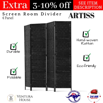 Artiss 4 Panel Hand-woven Rattan Room Divider Privacy Screen Wood Stand Black
