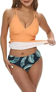[wadizo] Tankini Women's Tummy Control Set, Push Up Ruffles, Two Piece Swimsuit, High Waist Bikini, Swimwear Holder, V-Neck Top (Orange, L), Orange, L