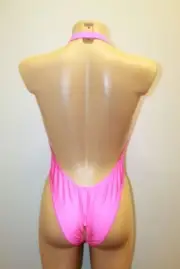 Women Thong Leotard 203-56 Open Back Hole Crotch Hot Pink Spandex Size L