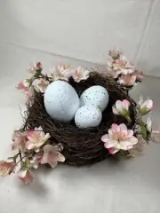Birds Nest w/Three Speckled Eggs and Silk Flowers Decor 5” Nest (In Gift Box)