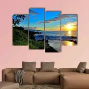 Maui Beach Sunset Palm Trees Ocean View Foliage 4 Piece Panel Canvas Wall Art