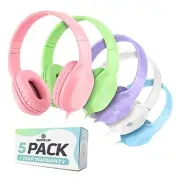 Kids Headphones for School - 5-Pack On-Ear, Wired, Adjustable & Cushioned -