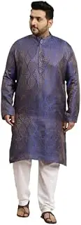 [Sojanya] Plus Men's Jacquard Silk Teal Blue & Gold Kurta & Off-White Churidar Pyjama Set