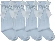 [Daisy Dreamer] Girls Cable Knit Bow Socks Baby Knee High Ribbon Sock Back To School Wedding Christening Sock, 2 Pairs