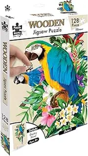 Puzzle Master Wooden Puzzle - Art Jigsaw Wood Cut Puzzle with Display Stand for Adults and Kids - Macaw 128-Pieces Set