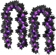 Black Leaf Garland with Purple Lights, 2 Pack Halloween Artificial Hanging Fall