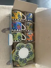 Vtg Espresso coffee Cup Set Multi color 12 Piece 6 cups and 6 saucers porcelain