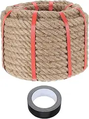 sourcing map Jute Rope 0.8 Inch x 75ft, Heavy Natural Thick Twisted Rope with Black Tape for Crafts Railing Docks Tug of War Swing Nautical Landscaping