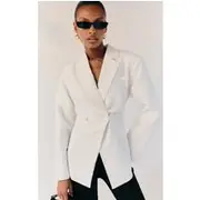 White Linen Look Tailored Cinched Waist Blazer, White