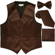 New Men's solid Tuxedo Vest Waistcoat & necktie & Bow tie & Hankie brown wedding