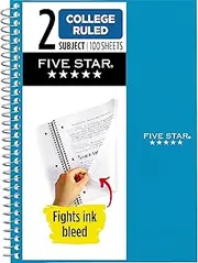 Five Star Small Spiral Notebook, 2 Subject, College Ruled Paper, 9-1/2" x 6", 100 Sheets, Teal Blue (06180AA4)