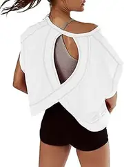 [VIEWON] Womens Workout Top Open Back Short Sleeve Backless T Shirts Gym Yoga Tee Y2k Crop Tops
