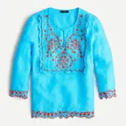J Crew Top Womens 2XS Linen Tunic Monaco Blue Red Floral Embroidered NEW
