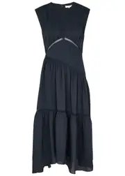 Frame Lace-panelled Seersucker Midi Dress - Navy - L (UK14 / L) L (UK14 / L)