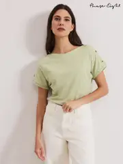 Phase Eight Khaki Green Suzie Button 100% Cotton T-Shirt (W33072) | $90
