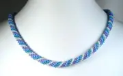 Lyns Jewelry Blues, Lavender and White Seed Bead Hand Crocheted Necklace 18"