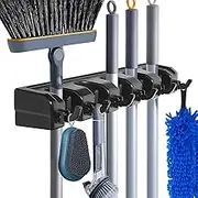 Wall Mount Broom Holder, Mop Organizer Hanger Garden Tool Storage Rack with Hooks Heavy Duty (Black)