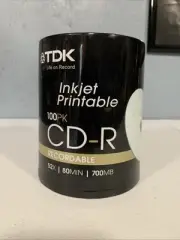 New 100 Pack TDK CD-R 52x 80 Minute 700MB Inkjet Printable Discs