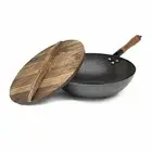 CARBON STEEL WOK Hammered Pow Stir Frying Pan with Wooden Lid 13 Inch GOODFUL