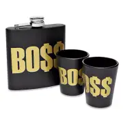 Boss Flask and Shot Glass Gift SET from Spencer's- Black/Gold- NIB